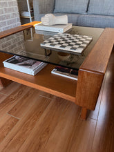 Load image into Gallery viewer, Heavy Smoked Glass Teak Coffee Table
